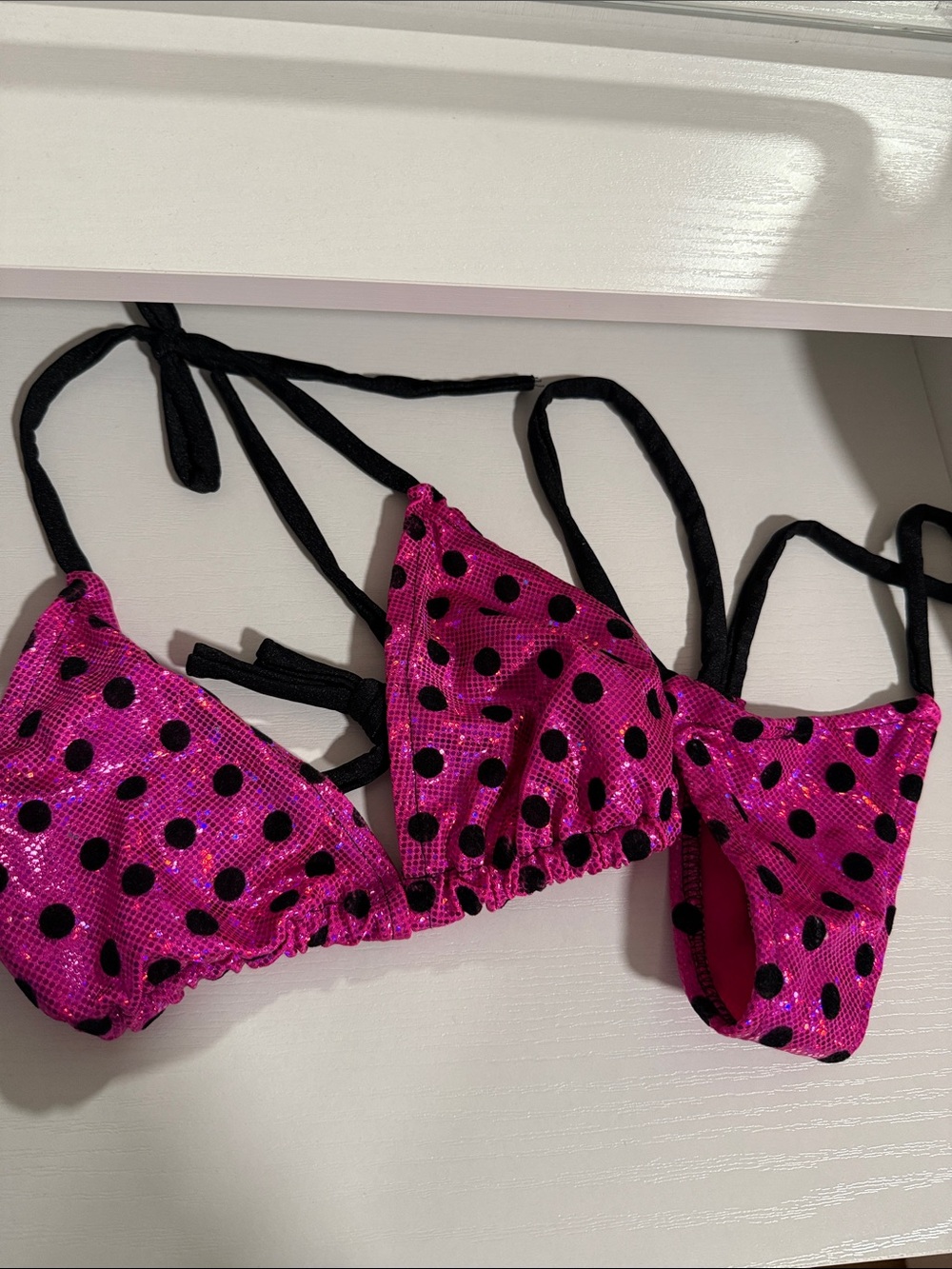 Pink Polka Dot Triangle Bikini Top with Black Straps